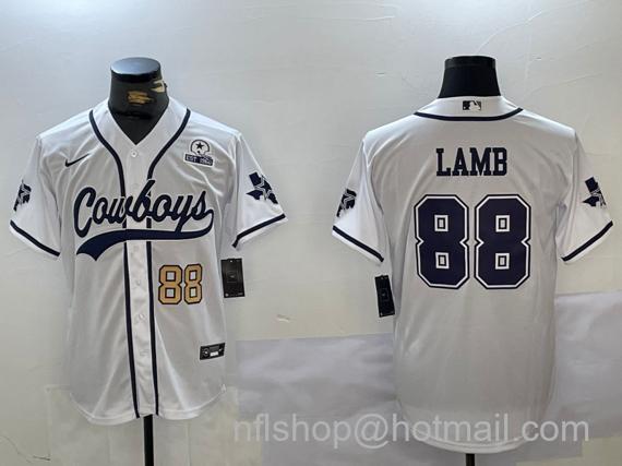 Men's Dallas Cowboys #88 CeeDee Lamb White Number With 1960 Patch Cool Base Stitched Baseball Jersey