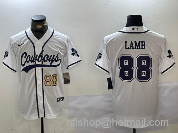 Men's Dallas Cowboys #88 CeeDee Lamb White Number With Patch Cool Base Stitched Baseball Jerseys