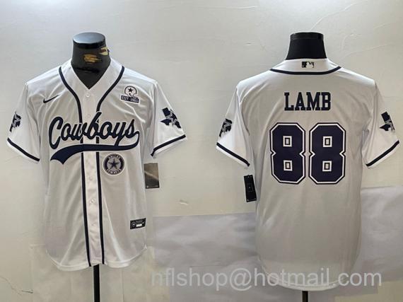 Men's Dallas Cowboys #88 CeeDee Lamb White With Team and 1960 Patch Cool Base Stitched Baseball Jersey