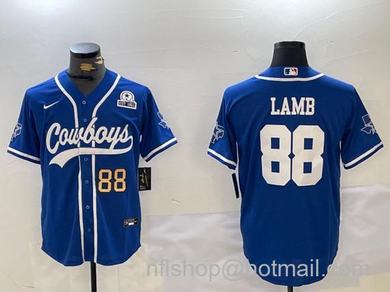 Men's Dallas Cowboys #88 CeeDee Lamb Royal Number With 1960 Patch Cool Base Stitched Baseball Jersey 3