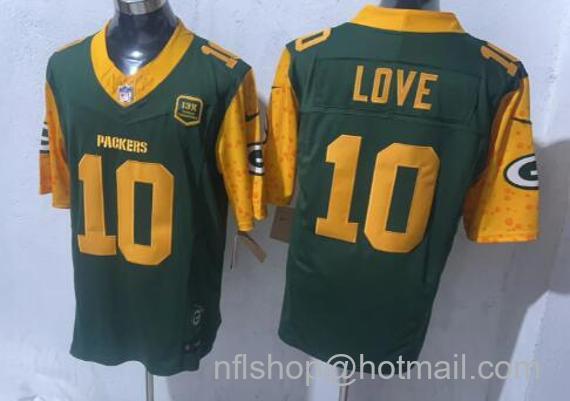 Men's Green Bay Packers #10 Jordan Love Cheese Green With 13 Time World Champions And Home Patch Vapor Untouchable Limited Stitched Football Jersey