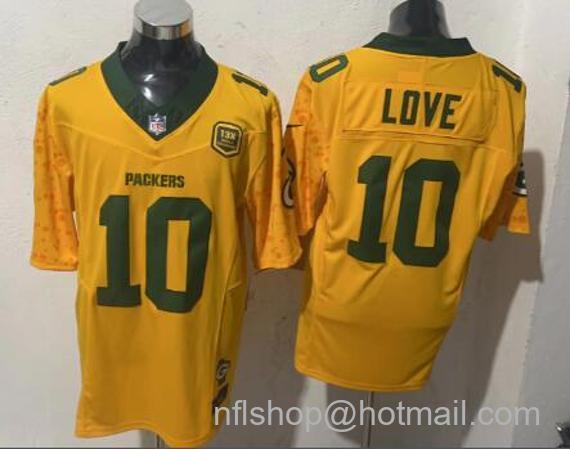 Men's Green Bay Packers #10 Jordan Love Cheese Gold With 13 Time World Champions And Home Patch Vapor Untouchable Limited Stitched Football Jersey