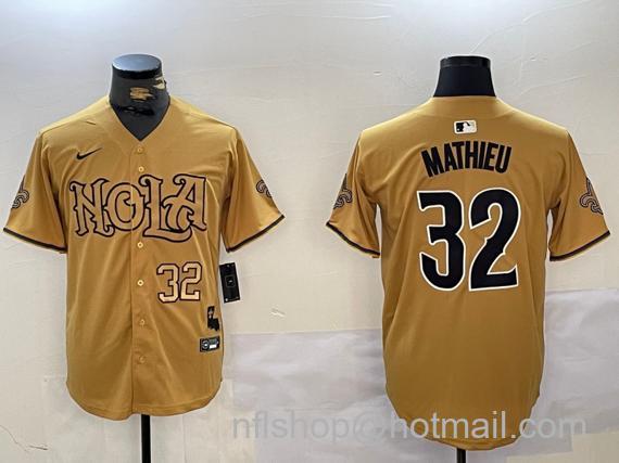 Men's New Orleans Saints #32 Tyrann Mathieu Yellow Number Cool Base Stitched Baseball Jersey