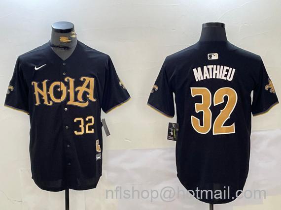 Men's New Orleans Saints #32 Tyrann Mathieu Black Number Cool Base Stitched Baseball Jersey