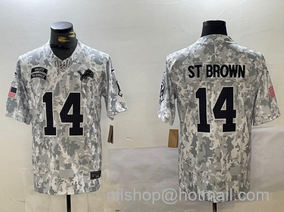 Men's Detroit Lions #14 Amon-Ra St. Brown 2024 F.U.S.E. Arctic Camo Salute To Service Limited Stitched Football jersey