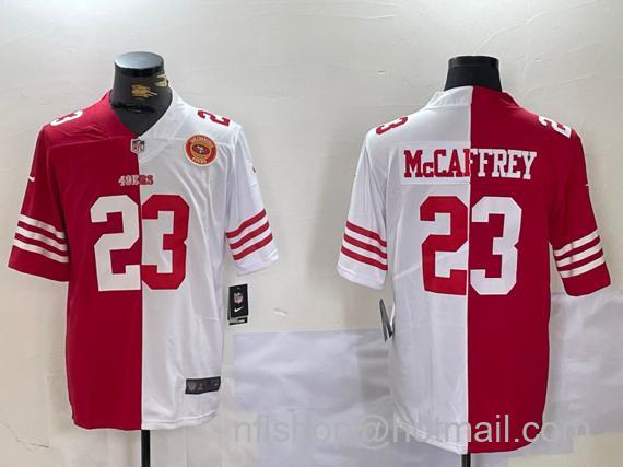 Men's San Francisco 49ers #23 Christian McCaffrey Red & White Split Limited Stitched Jerseys