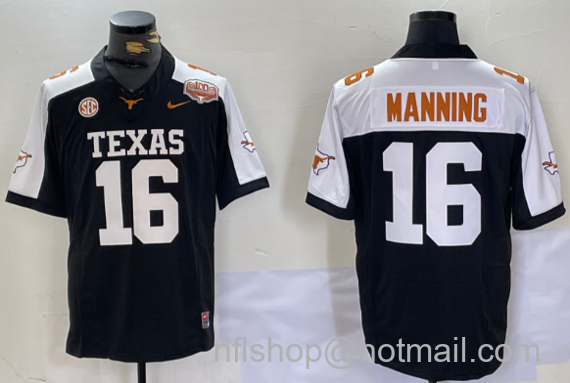 Men's Texas Longhorns #16 Peyton Manning Black White F.U.S.E 100 years of Darrell K Royal Map & SEC Patch Stitched Jersey