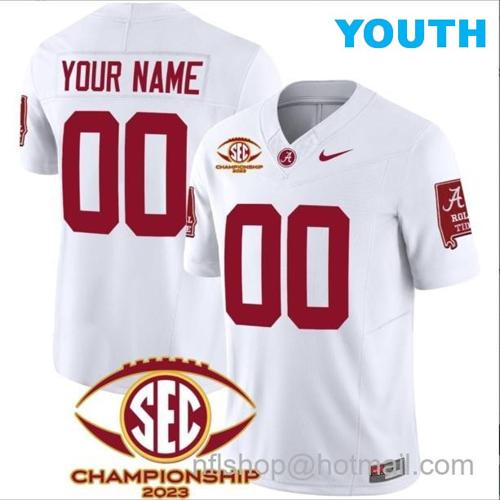 Youth Nike Custom Alabama Crimson Tide Jersey Name and Number SEC Championship 2023 Patch Basic Football White