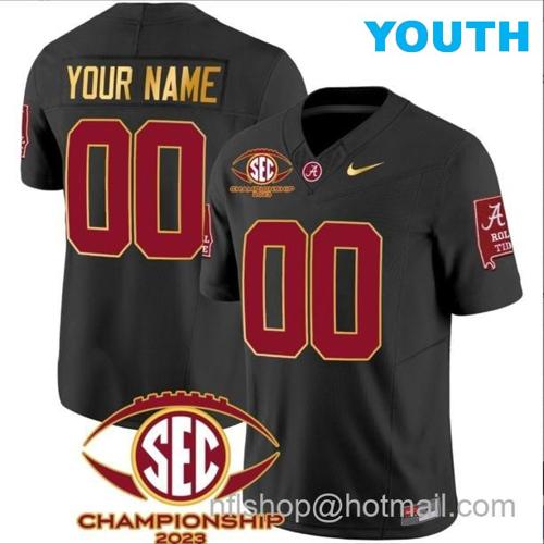 Youth Nike Custom Alabama Crimson Tide Jersey Name and Number SEC Championship 2023 Patch Gold Football Black