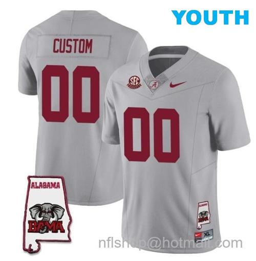 Youth Nike Custom Alabama Crimson Tide Jersey Name and Number Football College SEC Graduate Map Patch Gray All Stitched