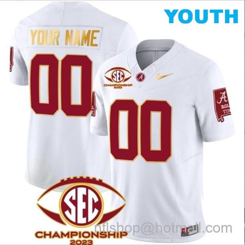 Youth Nike Custom Alabama Crimson Tide Jersey Name and Number SEC Championship 2023 Patch Gold Football White