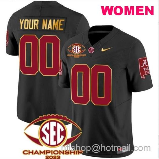 Women's Nike Custom Alabama Crimson Tide Jersey Name and Number SEC Championship 2023 Patch Gold Football Black