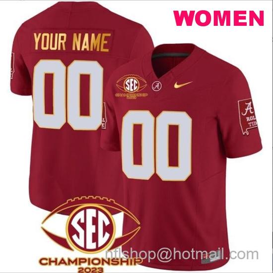 Women's Nike Custom Alabama Crimson Tide Jersey Name and Number SEC Championship 2023 Patch Gold Football Crimson