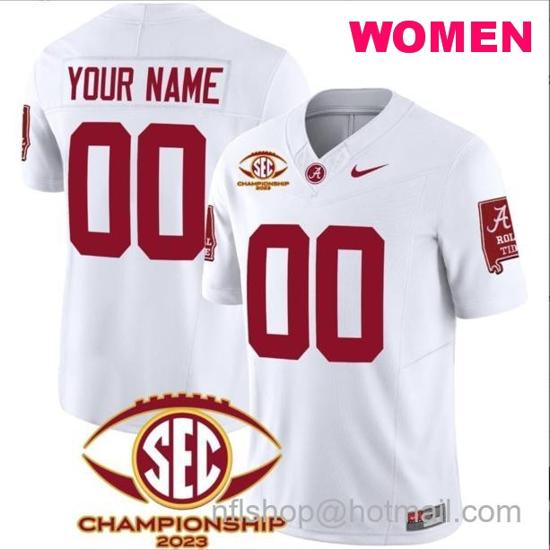 Women's Nike Custom Alabama Crimson Tide Jersey Name and Number SEC Championship 2023 Patch Basic Football White