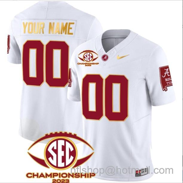 Men's Nike Custom Alabama Crimson Tide Jersey Name and Number SEC Championship 2023 Patch Gold Football White