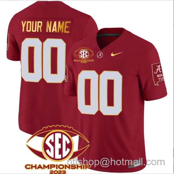 Men's Nike Custom Alabama Crimson Tide Jersey Name and Number SEC Championship 2023 Patch Gold Football Crimson