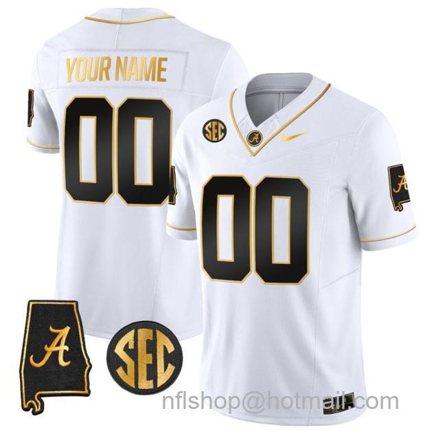 Men's Nike Custom Alabama Crimson Tide Jersey Name and Number Gold Vapor Limited Alabama Map White Gold All Stitched