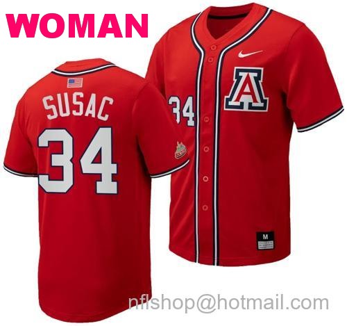 Women's Anthony Susac Jersey #34 Arizona Wildcats Replica Baseball Full-Button Red12