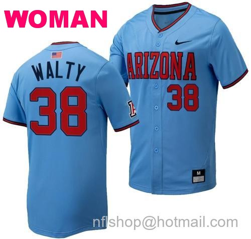 Women's Cam Walty Jersey #38 Arizona Wildcats Replica Baseball Full-Button Light Blue101