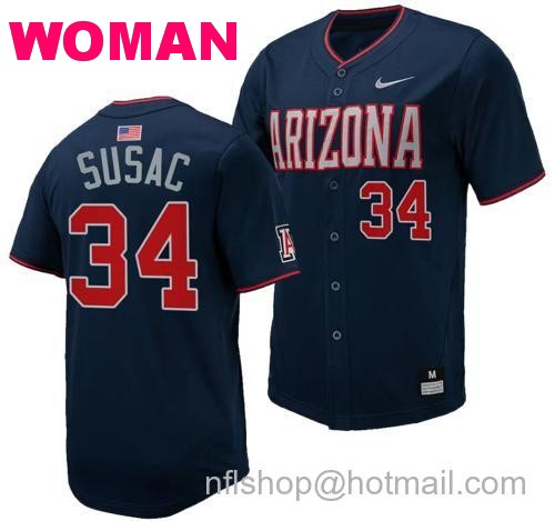 Women's Anthony Susac Jersey #34 Arizona Wildcats Replica Baseball Full-Button Navy11