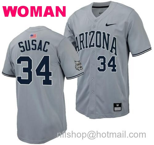 Women's Anthony Susac Jersey #34 Arizona Wildcats Replica Baseball Full-Button Gray9