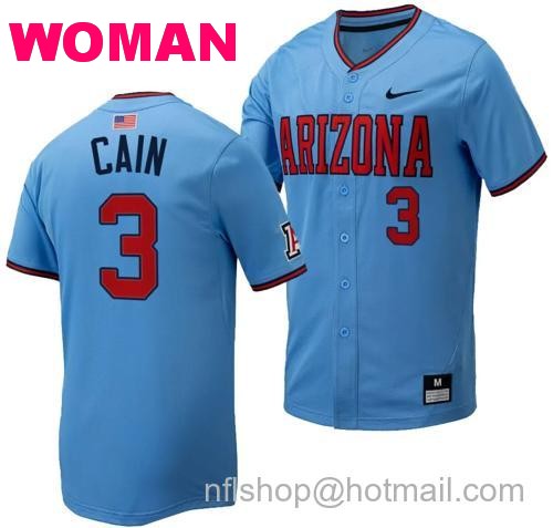 Women's Andrew Cain Jersey #3 Arizona Wildcats Replica Baseball Full-Button Light Blue6