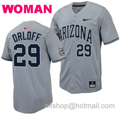 Women's Eric Orloff Jersey #29 Arizona Wildcats Replica Baseball Full-Button Gray136