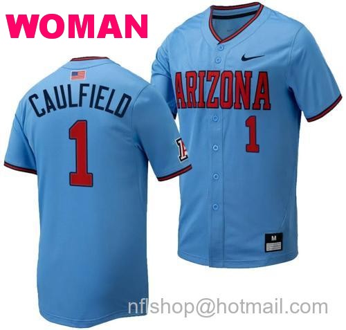 Women's Garen Caulfield Jersey #1 Arizona Wildcats Replica Baseball Full-Button Light Blue141