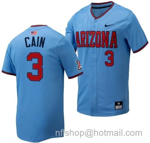 Men's Andrew Cain Jersey #3 Arizona Wildcats Replica Baseball Full-Button Light Blue6