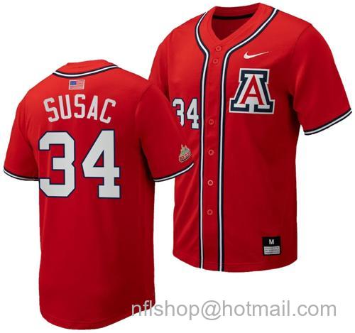 Men's Anthony Susac Jersey #34 Arizona Wildcats Replica Baseball Full-Button Red12