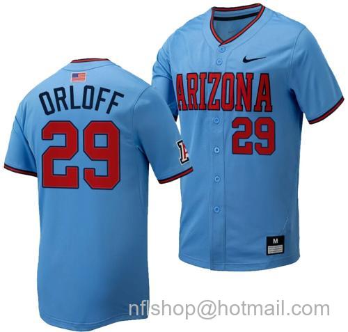 Men's Eric Orloff Jersey #29 Arizona Wildcats Replica Baseball Full-Button Light Blue137