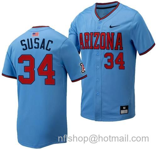 Men's Anthony Susac Jersey #34 Arizona Wildcats Replica Baseball Full-Button Light Blue10