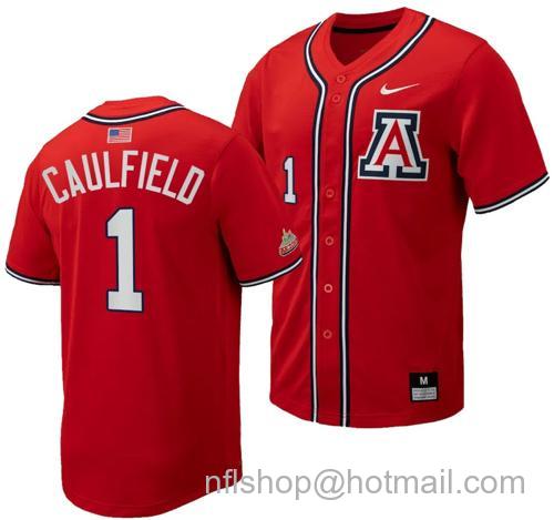 Men's Garen Caulfield Jersey #1 Arizona Wildcats Replica Baseball Full-Button Red143