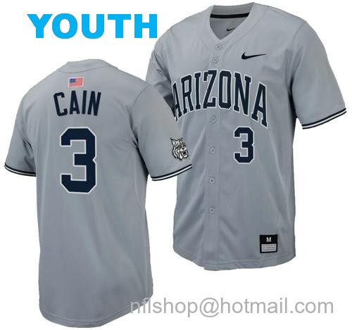 Youth Andrew Cain Jersey #3 Arizona Wildcats Replica Baseball Full-Button Gray5