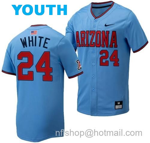 Youth Mason White Jersey #24 Arizona Wildcats Replica Baseball Full-Button Light Blue151