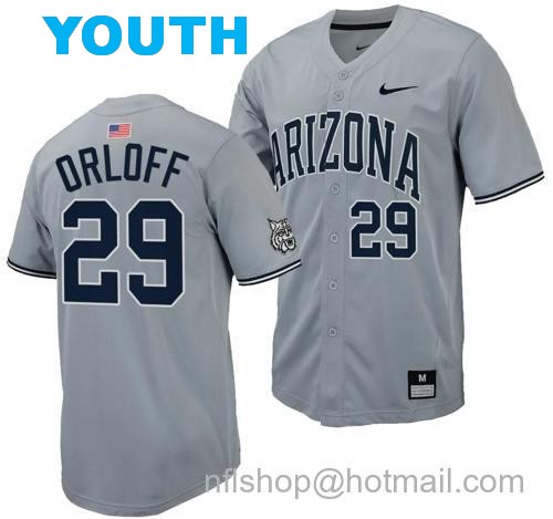 Youth Eric Orloff Jersey #29 Arizona Wildcats Replica Baseball Full-Button Gray136