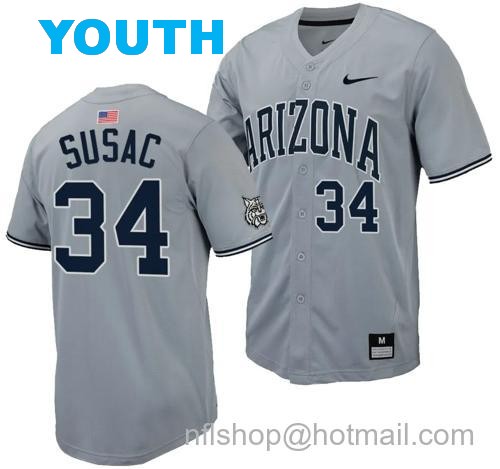 Youth Anthony Susac Jersey #34 Arizona Wildcats Replica Baseball Full-Button Gray9