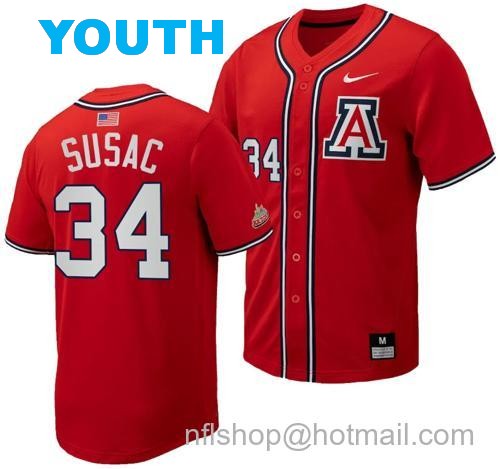 Youth Anthony Susac Jersey #34 Arizona Wildcats Replica Baseball Full-Button Red12