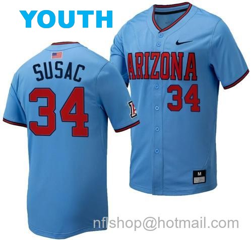 Youth Anthony Susac Jersey #34 Arizona Wildcats Replica Baseball Full-Button Light Blue10