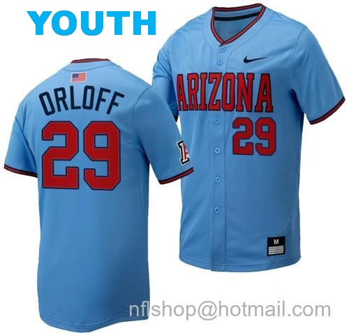 Youth Eric Orloff Jersey #29 Arizona Wildcats Replica Baseball Full-Button Light Blue137