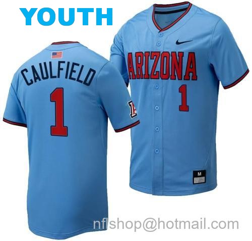 Youth Garen Caulfield Jersey #1 Arizona Wildcats Replica Baseball Full-Button Light Blue141