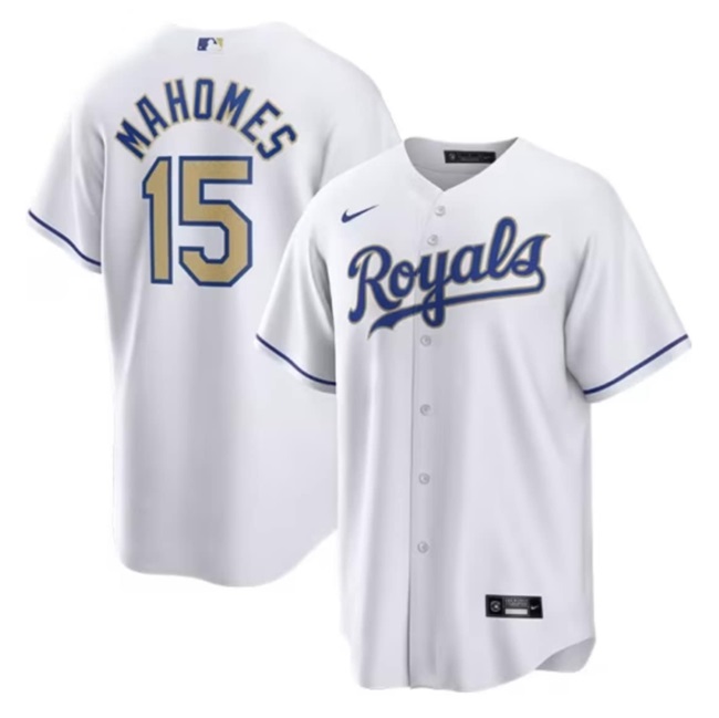 Men's Kansas City Royals #15 Patrick Mahomes White Cool Base Stitched Jersey