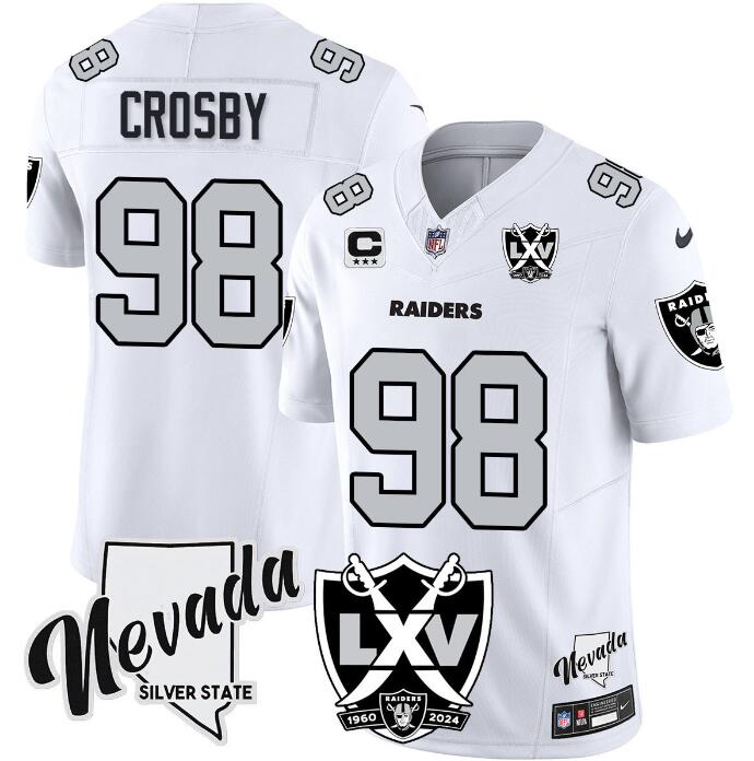 Men's Las Vegas Raiders #98 Maxx Crosby White 2024 F.U.S.E With Nevada Silver Stat Patch And 65th Anniversary Patch 3-Star C Patch Stitched Football Jersey