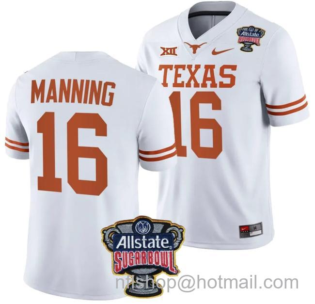 Men's Arch Manning Jersey #16 Texas Longhorns Allstate Sugar Bowl Patch 2024 College Football White