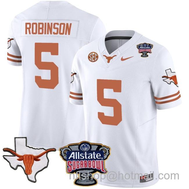 Men's Bijan Robinson Jersey #5 Texas Longhorns Sugar Bowl Patch Vapor Football White