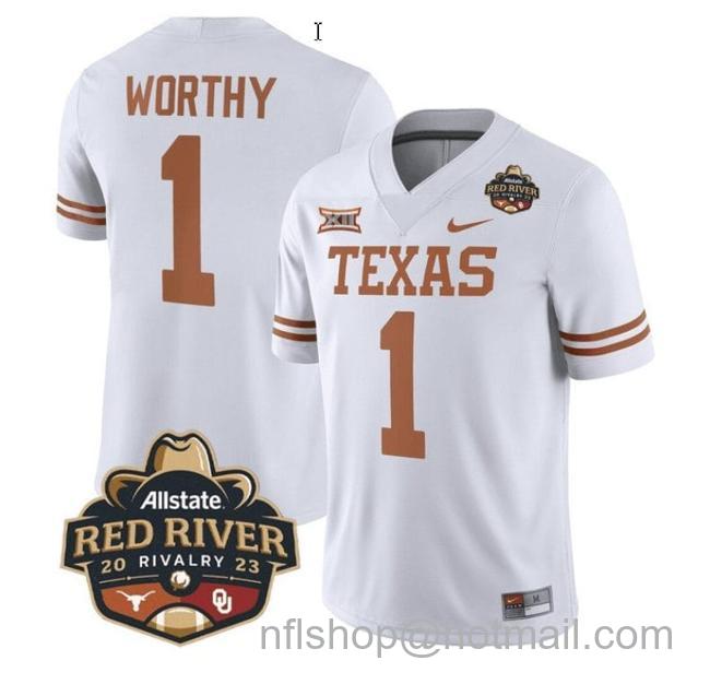 Men's Xavier Worthy Jersey #1 Texas Longhorn Allstate Red River Vivalry Patch College Football White