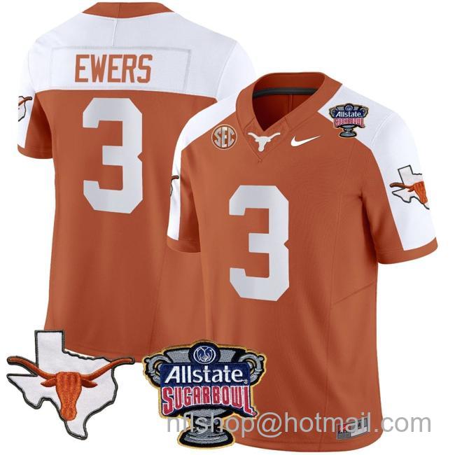 Men's Quinn Ewers Jersey #3 Texas Longhorns Sugar Bowl Patch Vapor Football Orange Alternate