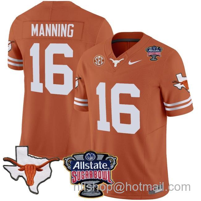 Men's Arch Manning Jersey #16 Texas Longhorns Sugar Bowl Patch Vapor Football Texas Orange