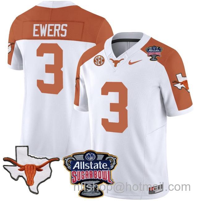 Men's Quinn Ewers Jersey #3 Texas Longhorns Sugar Bowl Patch Vapor Football Inverted