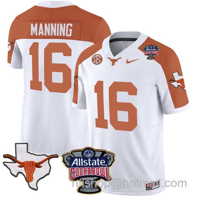 Men's Arch Manning Jersey #16 Texas Longhorns Sugar Bowl Patch Vapor Football Inverted